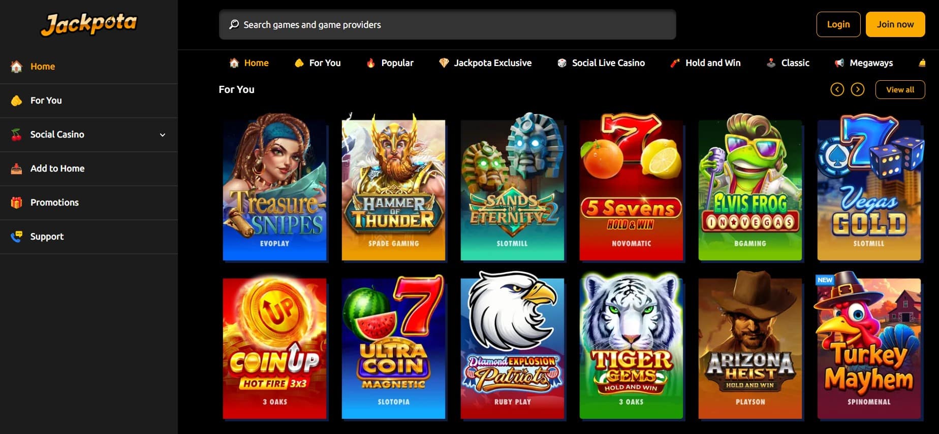 Homepage of Jackpota social casino platform featuring vibrant slot game tiles like Elvis Frog in Vegas, Sands of Eternity 2, and Turkey Mayhem; dark-themed UI with navigation sidebar and top categories including Social Live Casino and Megaways.